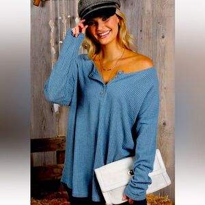 NWT Women’s Boutique Waffle Knit Top XL Button Placket Neck Long Sleeve Casual